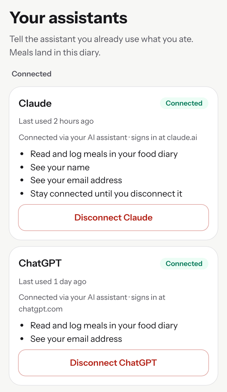 Forkmate's Settings, Your assistants: Claude and ChatGPT connected, each with a Last used line, what it can do, and a Disconnect button