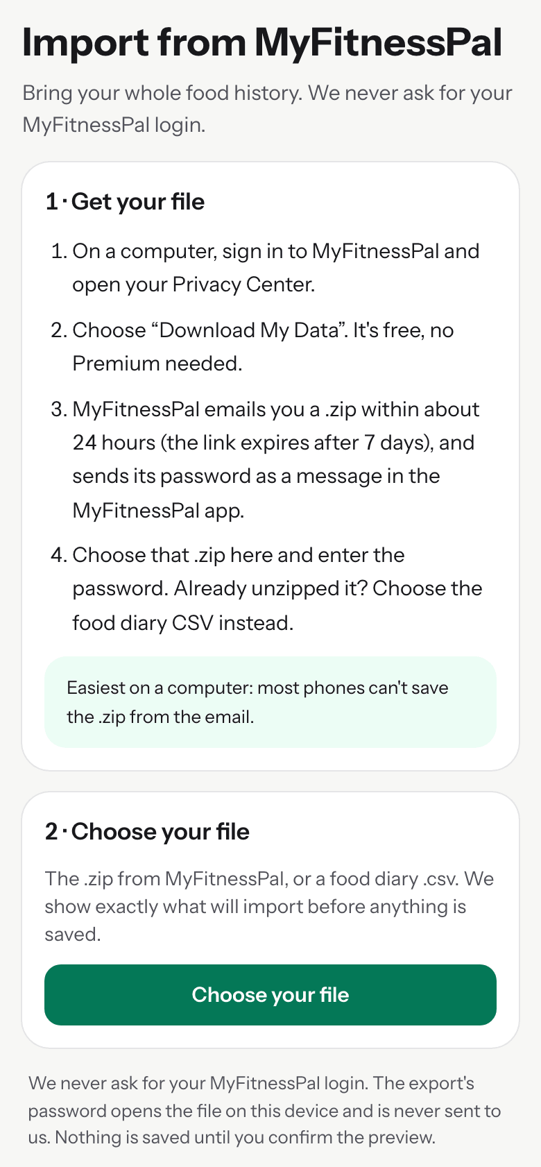 Forkmate's MyFitnessPal import: download your data free from MyFitnessPal, then choose the .zip it emails you and enter its password, or choose the food diary CSV